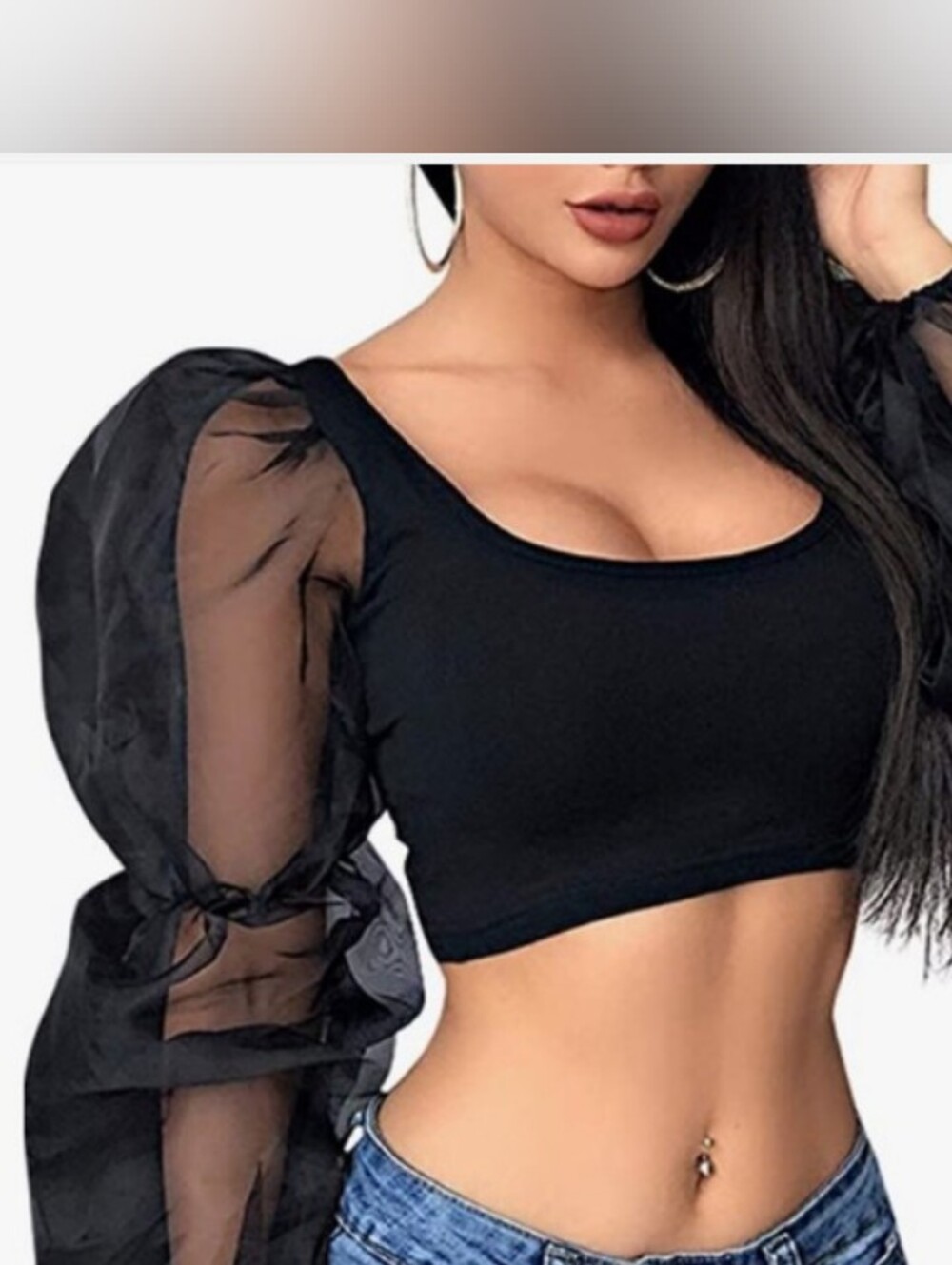 Sheer Sleeve Black Crop Top - Elegant Scoop Neck